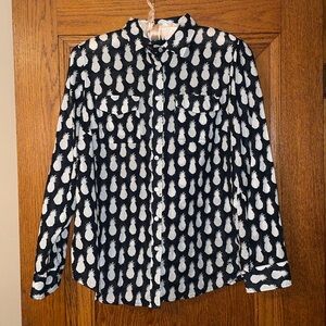 Talbots petites small navy/blue pineapple-print long-sleeve 100% cotton blouse